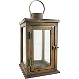 Stonebriar 12.5 Inch Rustic Wooden Candle Hurricane Lantern, For Table Top, Mantle, or Wall Hanging Display, Indoor & Outdoor Use, Large