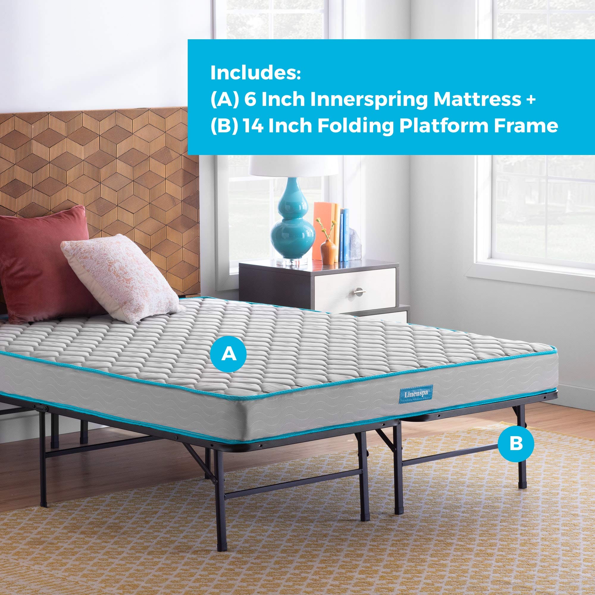 Linenspa 6 Inch Innerspring Mattress with Linenspa 14 Inch Folding Platform Bed Frame - Full