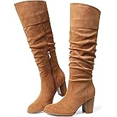 Erocalli Suede Knee-High Boots Fall Boot For Women Chunky Block High Heel Slouch Fashion Boot Round Toe Side Zipper