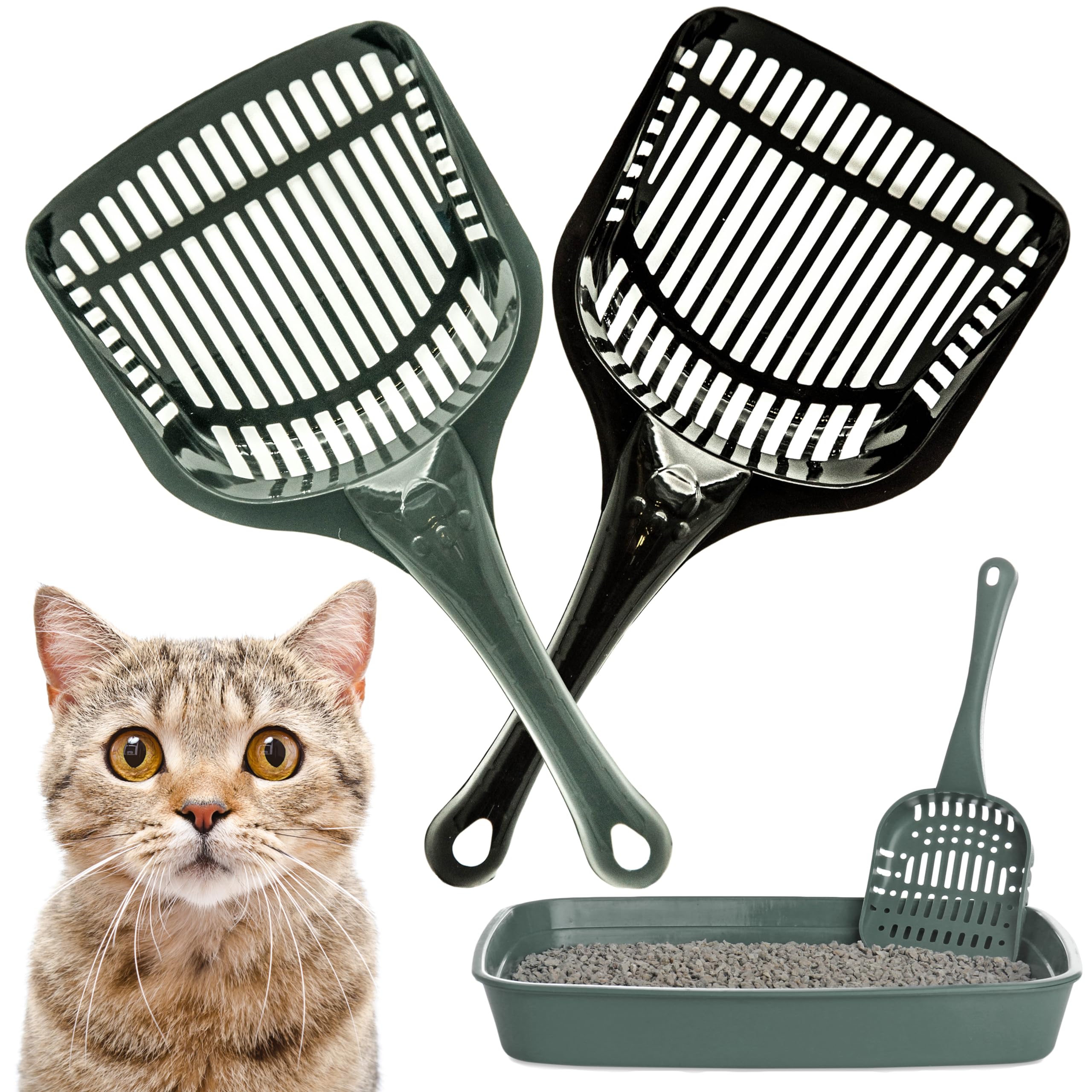 Petopedia Set of 2 – Strong Cat Litter Scoop – Plastic Shovel for Cats Litters, Poop Scoop – Handy Sand Sifter, Sieve Cleaning Tool – Used with Litter Box and Trays for Pets (Black and Grey)