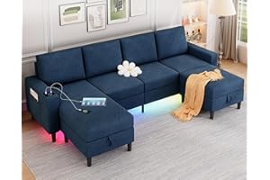 HYZQ U Shaped Sectional Couches for Living Room, 109" Linen Cloud Couch with Chaise Lounge/Storage Ottoman, 4 Seat Sectional Sofa with Smart Module-Wireless Charging/USB/Type-C/RGB Lights (Blue)
