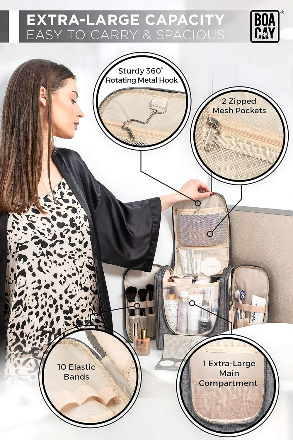 Extra Large Hanging Travel Toiletry Bag for Women and Men, Hygiene Bag, Bathroom and Shower Organizer Kit with Elastic Band Holders for Toiletries, Cosmetics, Makeup, Brushes