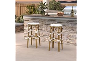 PURPLE LEAF Outdoor Round Bar Height Stool Set of 2 Patio Backless Barstools Aluminum Frame in Bamboo Finish with White & Gray Woven Rattan for Indoor Kitchen Dining Bistros Cafe Restaurant