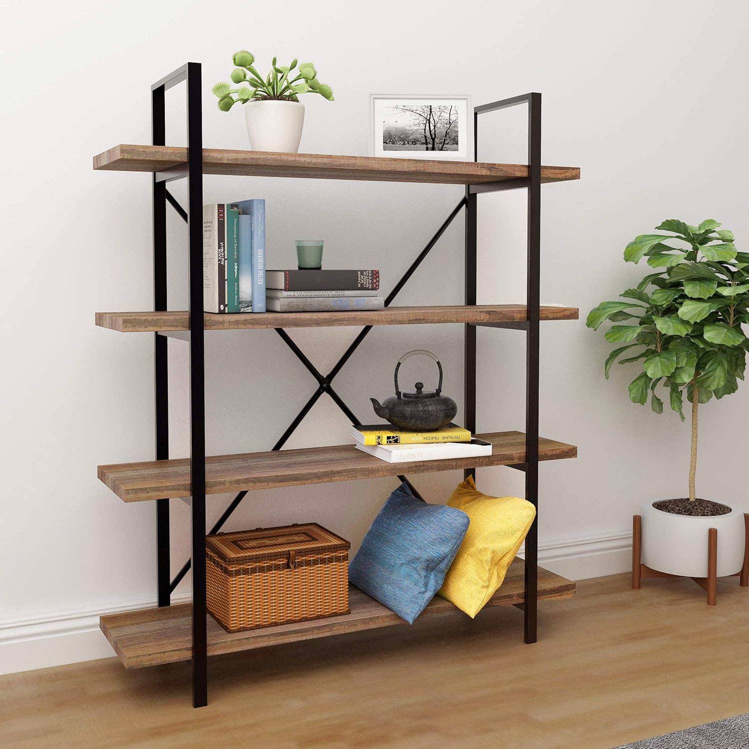 45MinST 4-Tier Vintage Industrial Style Bookcase/Metal and Wood Bookshelf Furniture for Collection,Vintage Brown, 3/4/5 Tier (4-Tier): Furniture & Decor