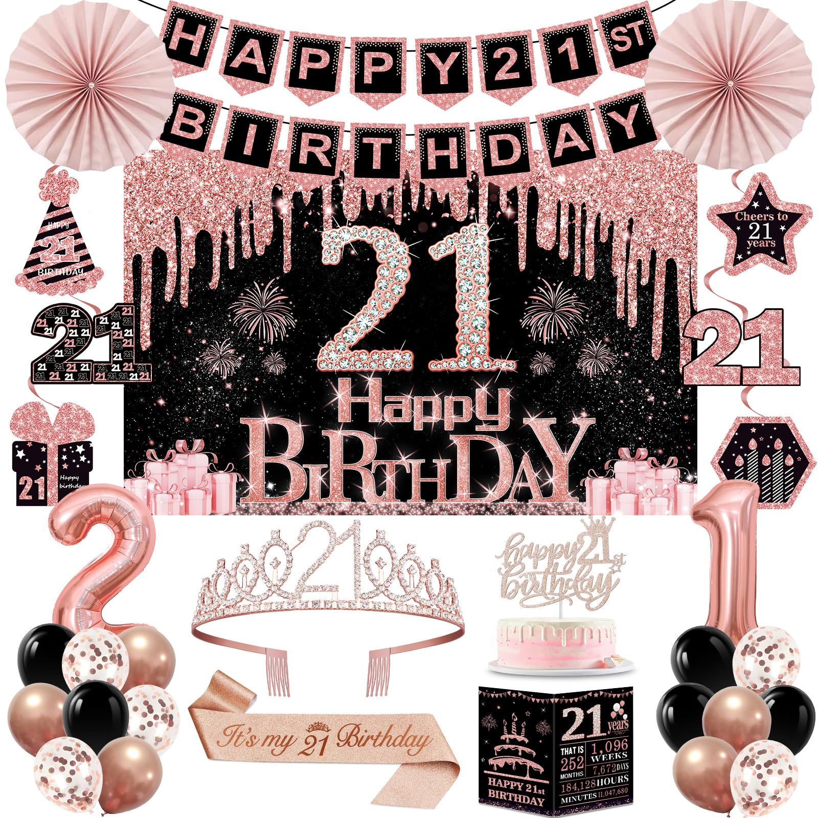 Photo 1 of 21st Birthday Decorations for Her Women,32PCS 21st Birthday Party Decorations,Including Backdrop, Crown, Sash, banner, Hanging Swirl,balloons,Cake Topper,Paper Fans and Anniversary Card