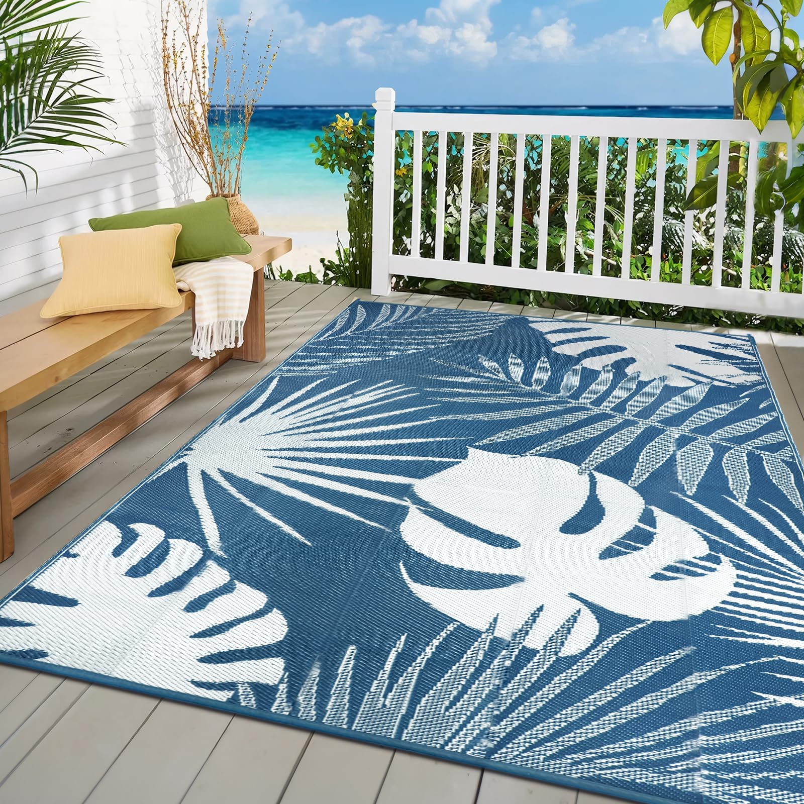 Photo 1 of VSIWB Waterproof Outdoor Rug 6x9 ft, Reversible Plastic Straw Mat with Leaf Pattern, Large Floor Mat for Patio, Camping, Picnic, Backyard RV, Deck, Blue