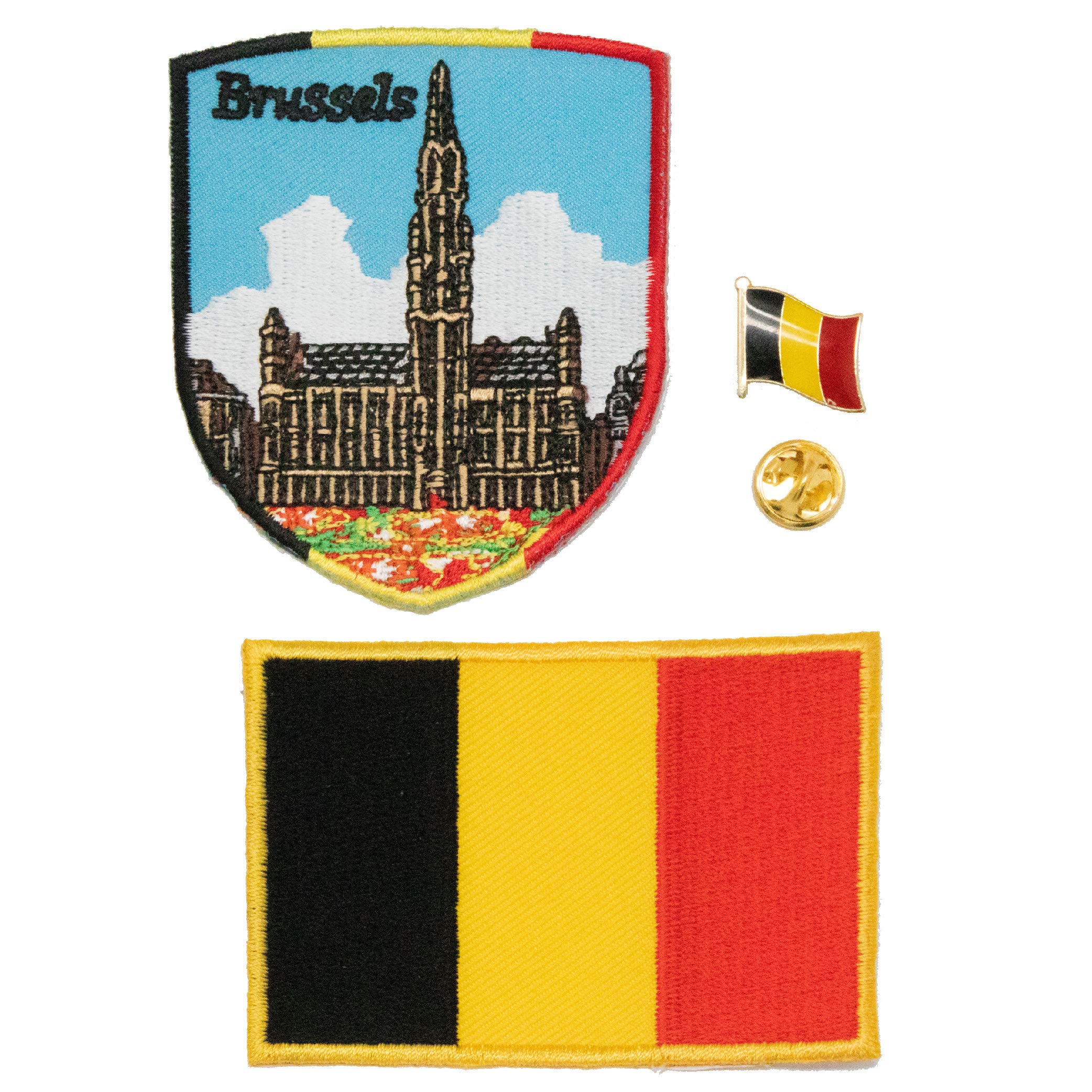 A-ONE 3 PCS Pack- Belgium Brussels Flag Shield Patch+ Belgium Flag Bag Patch+ Belgium Emblem Pin, Brugge Embroidered Patches, Official Lapel Badge No.039B