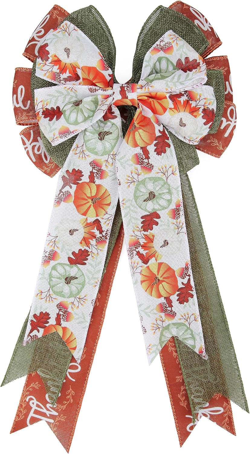 Bows & Ribbons - Meseey Large Thanksgiving Wreath Bow Sage Green Pumpkin and Leaf Wreath Bow for Autumn Fall Indoor Outdoor Bunting Home Party Wall Decoration (sage Green Pumpkin)