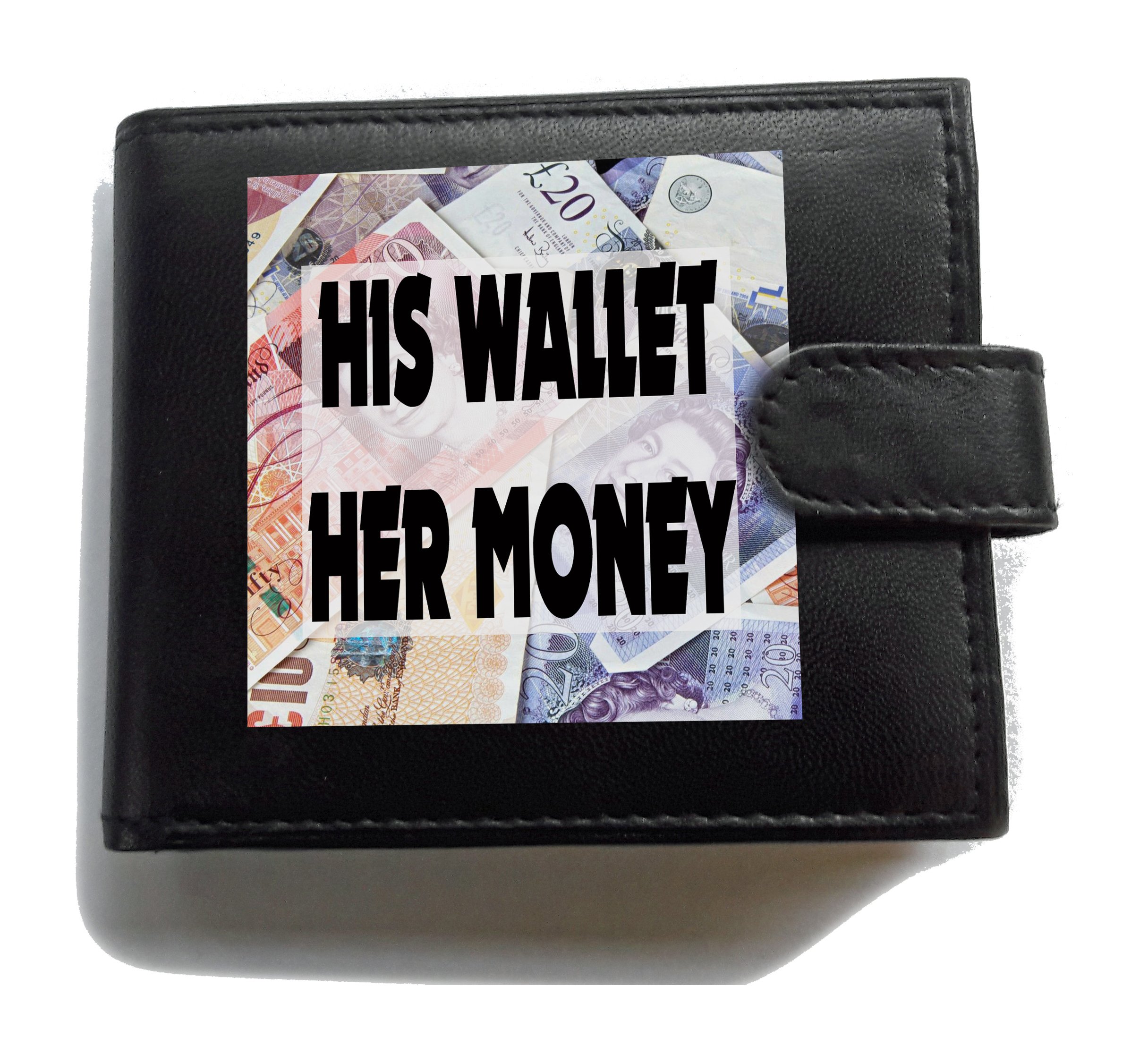 RFID Blocking Leather Wallet for Men – “His Wallet Her Money” Design – Large Coin Pocket, 7 Card Slots, 10 Total Pockets – Funny Gift for Husband, Boyfriend, Anniversary or Birthday