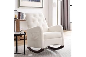 BOSTANA Rocking Chair Nursery 2X Side Pocket,26" W High Backrest Upholstered Glider Chair with Rubber Wood Legs,Teddy Fabric Accent Rocker Armchair for Lounge Livingroom,Bedroom,Babyroom