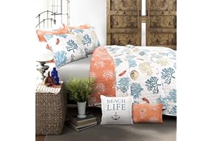 Lush Decor Coastal Reef Reversible Quilt Set, 7 Piece Set, Full/ Queen, Blue & Coral - Tropical Beach Bedding Set With Throw Pillows - Coastal Quilts Queen Size - Beach House Decor