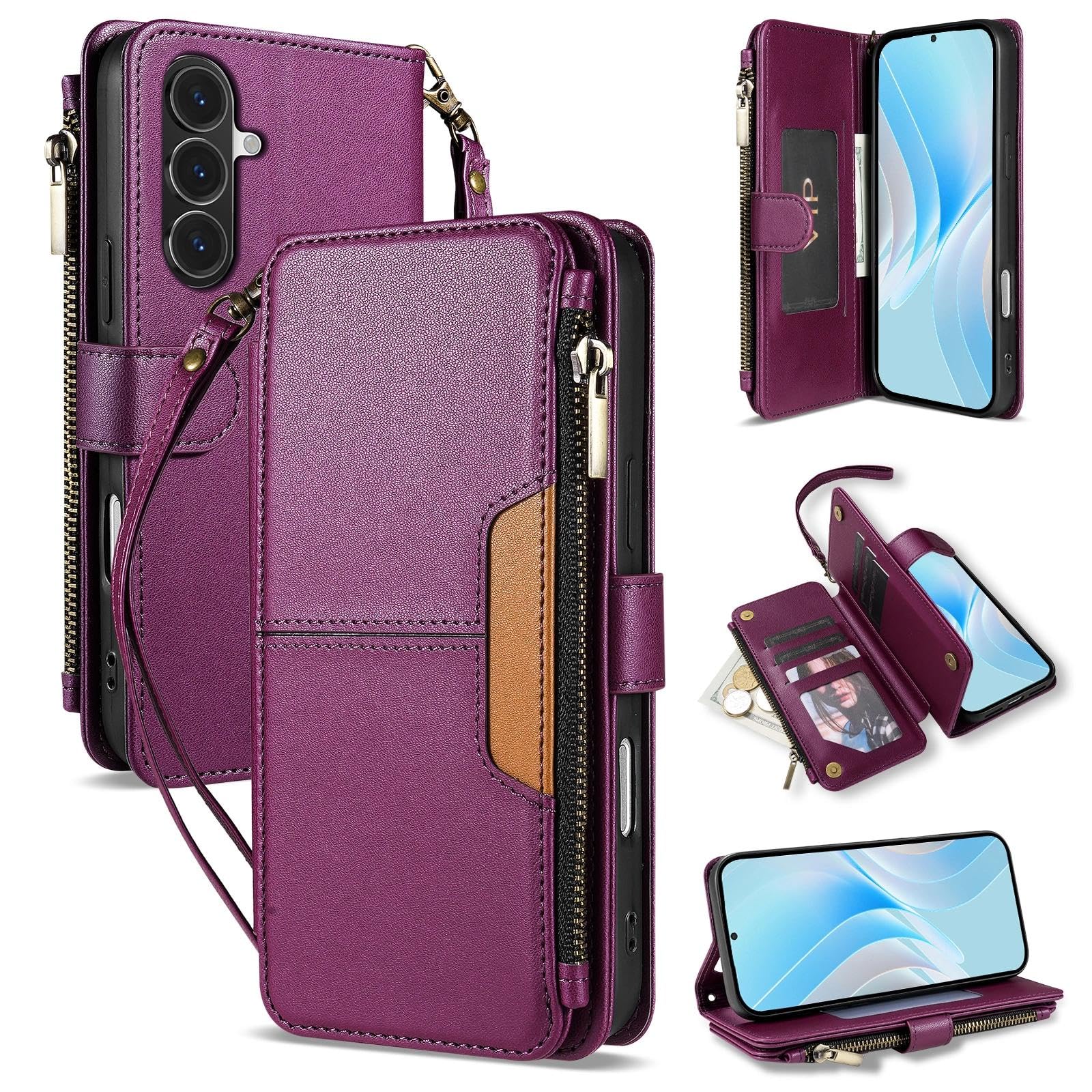 Neiye for Samsung Galaxy S26 Plus Wallet Case with Card Holder Fashion PU Leather Magnetic Snap Flip Zipper Strap Protective Phone Case for Samsung Galaxy S26 Plus Case Wallet(6.7 inch-Wine red)