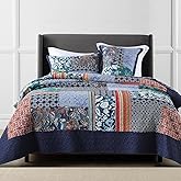MaiuFun King Quilt Sets, 100% Cotton Quilts King Size, Navy Bedspreads, Patchwork with Retro Bohemian Floral Patterns, 3-Piece Lightweight Bedding Coverlet for All Season (1 Quilt + 2 Pillow Shams)