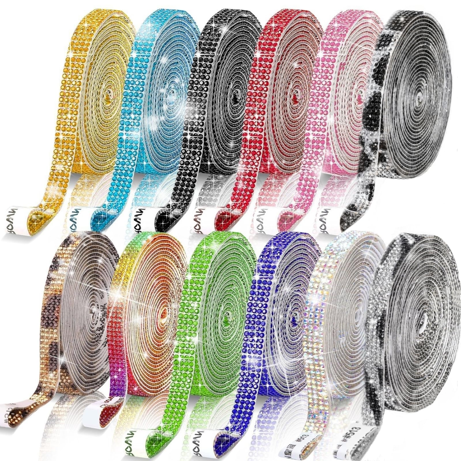 Photo 1 of 12 Rolls Rhinestone Ribbon, 12 Colors Self Adhesive Bling Crystal Rhinestones Strips, Bedazzling Rhinestone Sticker for DIY Craft Clothes Bags Shoes Dress Up and Decorate (12 Colors, 0.35"/roll)