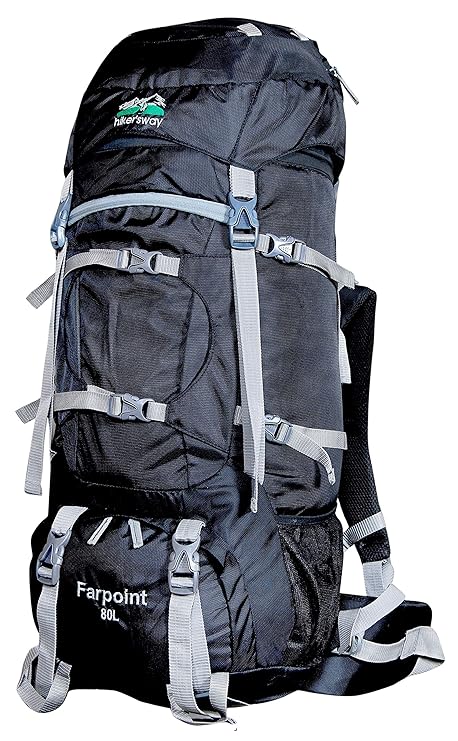 Hikers way 80 Ltrs Farpoint Black Internal Frame Rucksack Backpacks Travel Bag Hiking Bag Camping Bag Trekking Bags with Waterproof Compartment & Rain Cover (HW-8001Black)