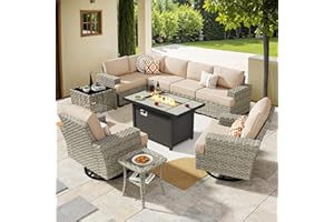 HOOOWOOO Outdoor Sectional Patio Furniture Set with Fire Pit Table,10 Pieces Wicker Conversation Sets L Shaped Couch,Extra Deep Out Door Sofa Outside Furniture with Swivel Chairs,Beige