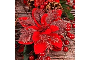 RECUTMS 10 Pcs Christmas Glitter Artificial Poinsettia Flowers 6 inch Christmas Wreath Christmas Tree Flowers Ornaments Holiday Seasonal Decorations for Xmas New Year Wedding Party(Red)