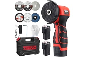 TEENO Cordless Angle Grinder Kit, 19,500 RPM Mini Electric Angle Grinding Tool with 2 pcs 2000mAh Batteries and 6 Cutting Discs, 16.8V Handheld Grinder for Metal/Wood Cutting and Grinding