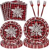 96PCS Winter Snowflake Party Supplies Happy New Year Decoration with Red and Black Plaid Paper Plates Napkins Forks Dinnerware for Home Holiday Birthday Party Decor Serves 24