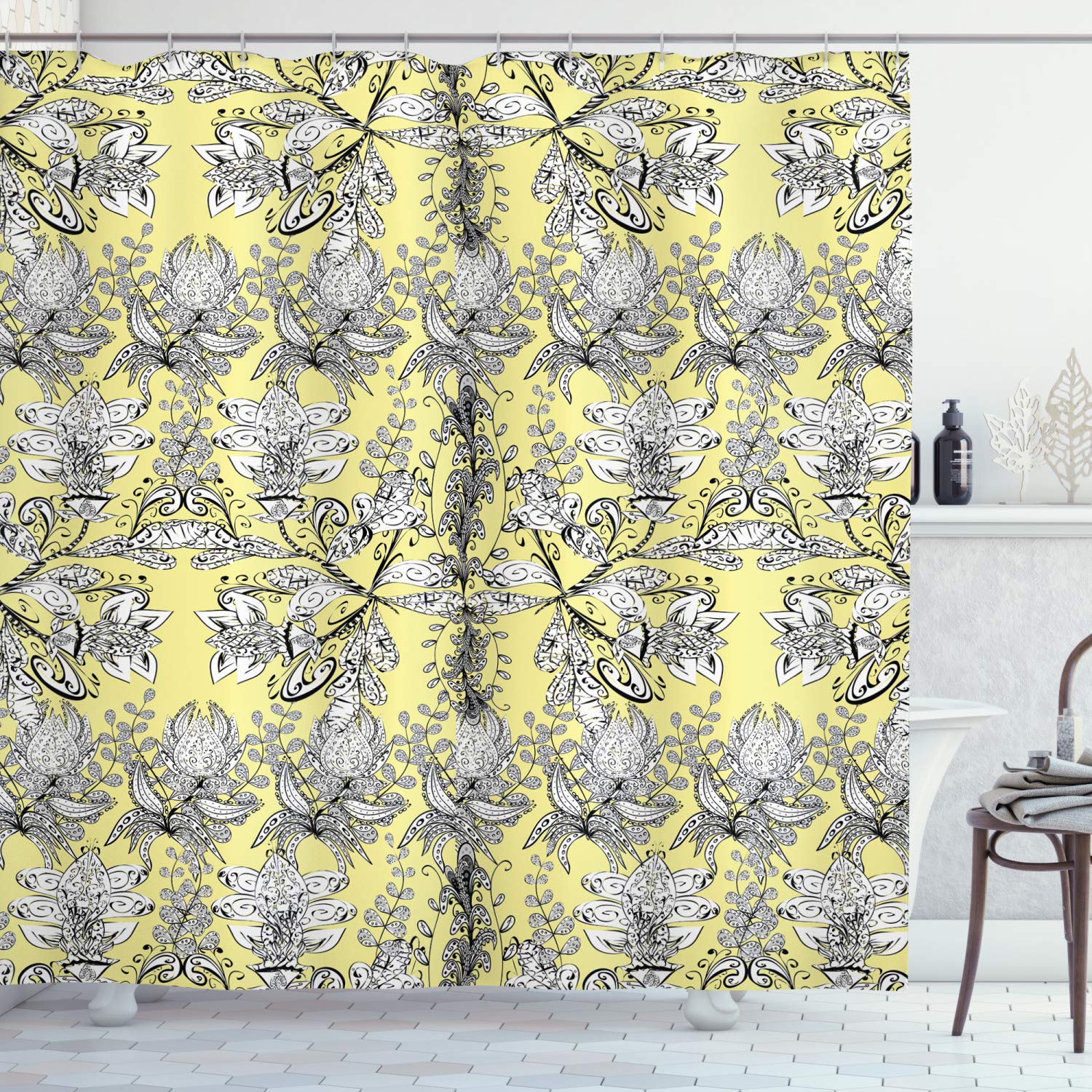 ABAKUHAUS Grey and Yellow Shower Curtain, Bohem Design with Flowers Leaves Swirls and Dots Image, Cloth Fabric Bathroom Decor Set with Hooks, 78 Inches, Black and White