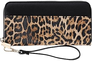 B BRENTANO Vegan Leather Slim Single-Zipper Wallet with Pocket, Wristlet and Tassel Accent (Leopard Black)