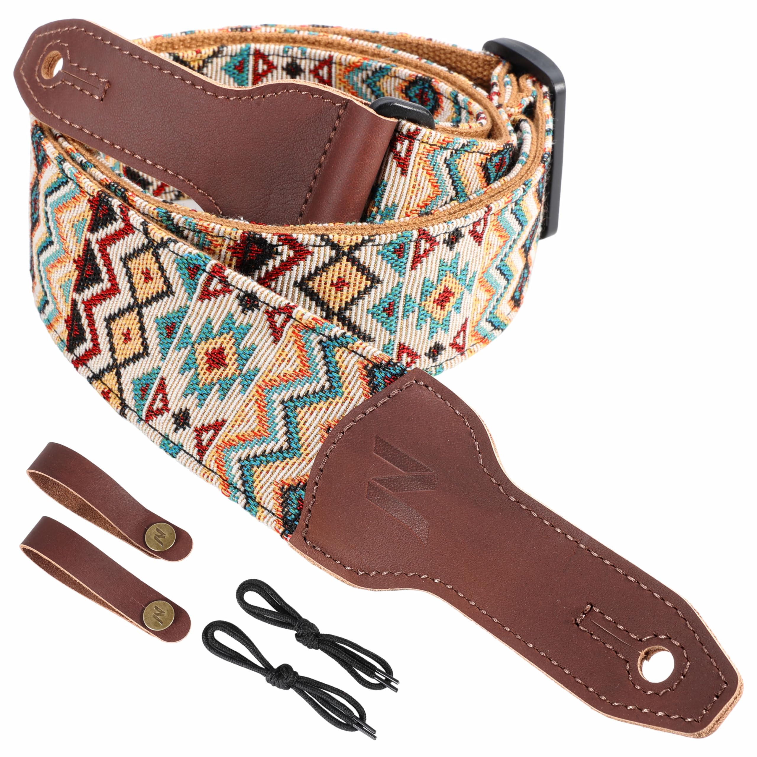 Nefelibata Banjo Strap, 2"Wide Full Grain Cowhide Guitar Strap Adjustable Replacement,Multi-pattern Guitar Strap With Headstock Rope and Leather Headband(Boho Yellow)