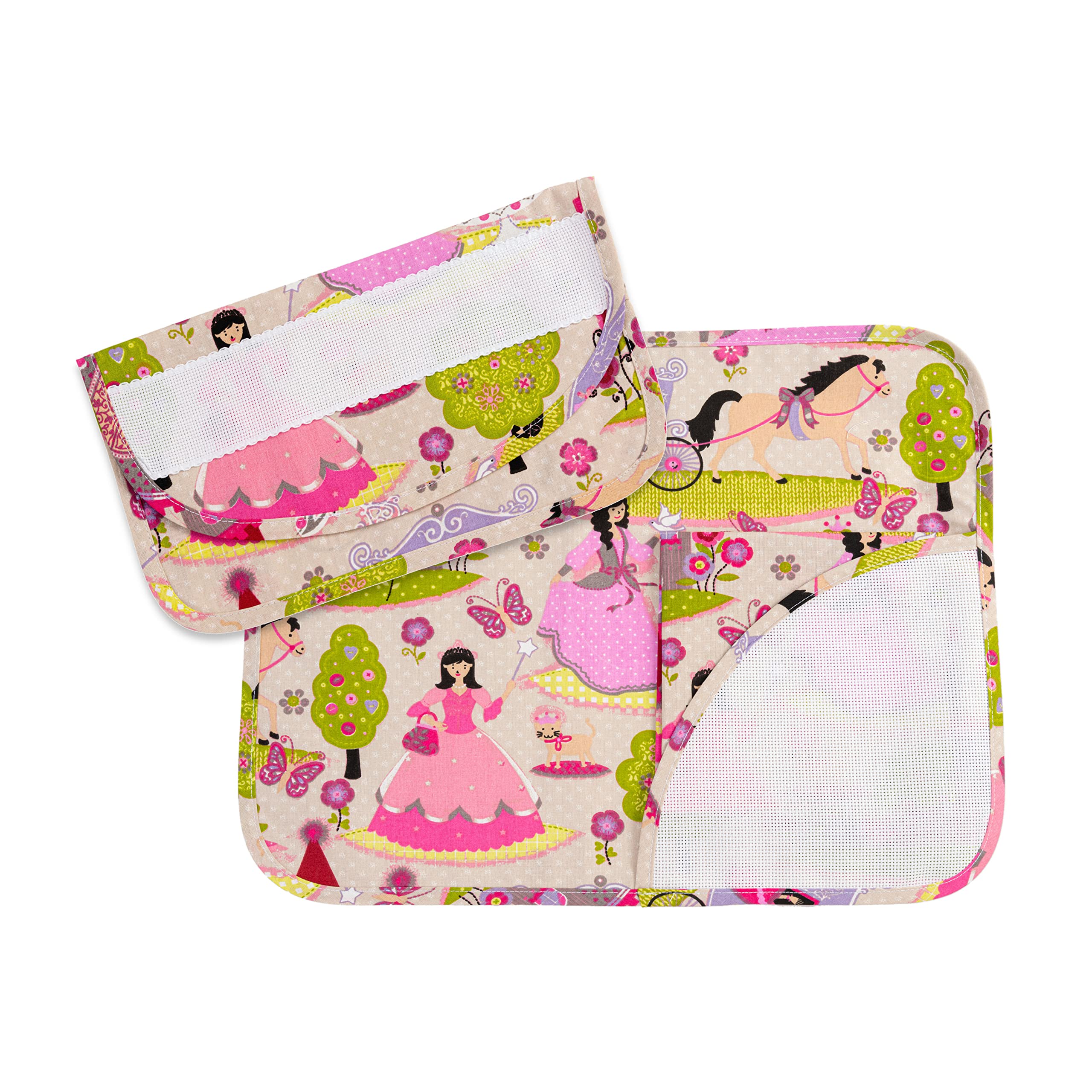 FILET - Nursery Breakfast Set in Cotton with Aida Linen Embroidery, Comprising Placemat, Napkin and Napkin Envelope, Made in Italy, Princesses Pattern Pink Background