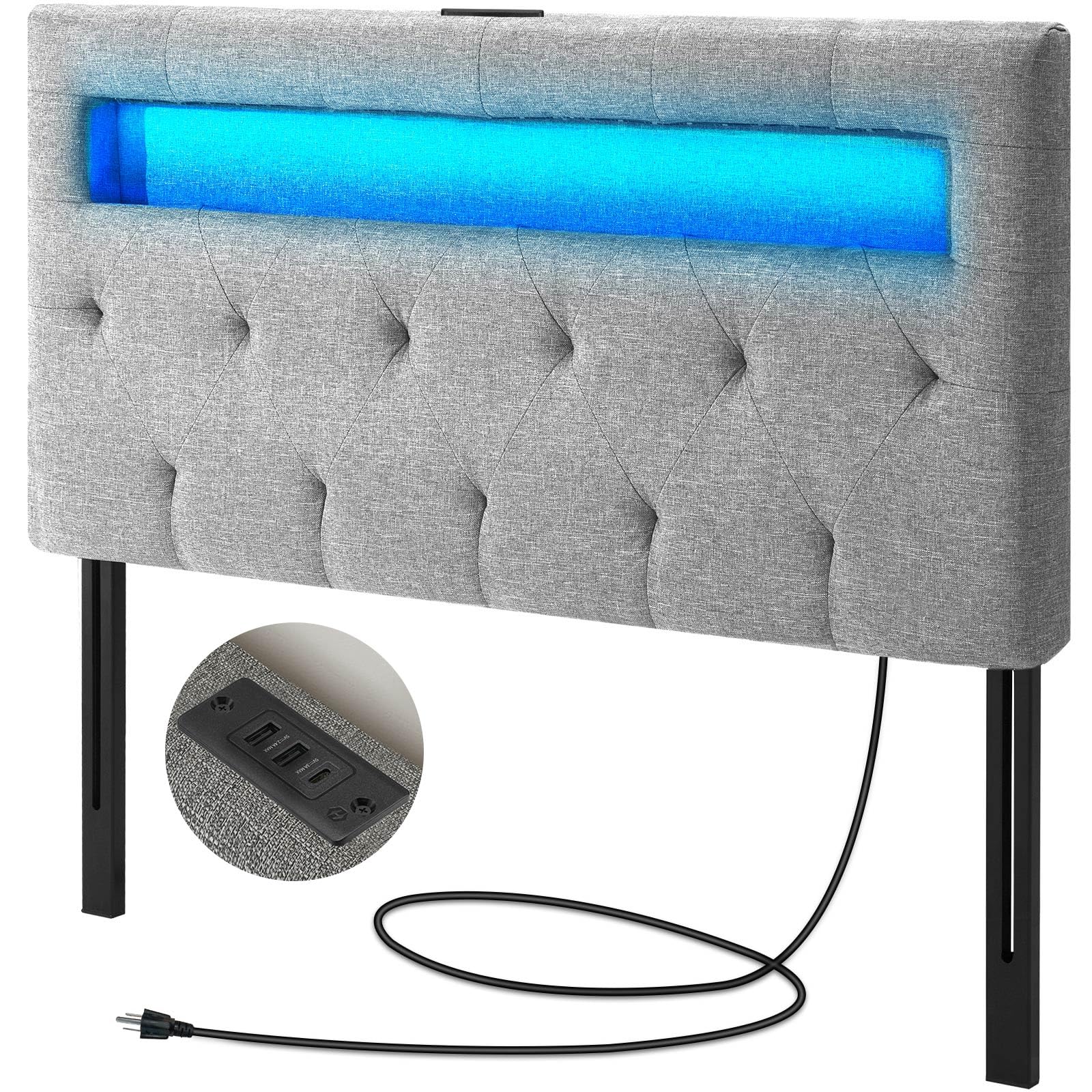 GREENSTELL Headboard for Twin Size Bed with 60,000 DIY Color of LED Light, USB & Type C Post, Attach Frame, Height Adjustable, Gray Wall Mounted Head Boards Only, Sturdy & Stable, Comfortable, Twin Image