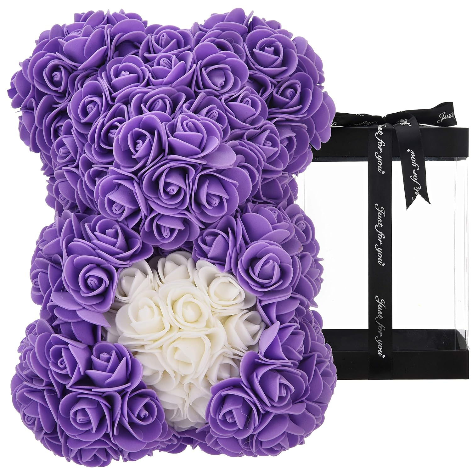 purple rose bear with box