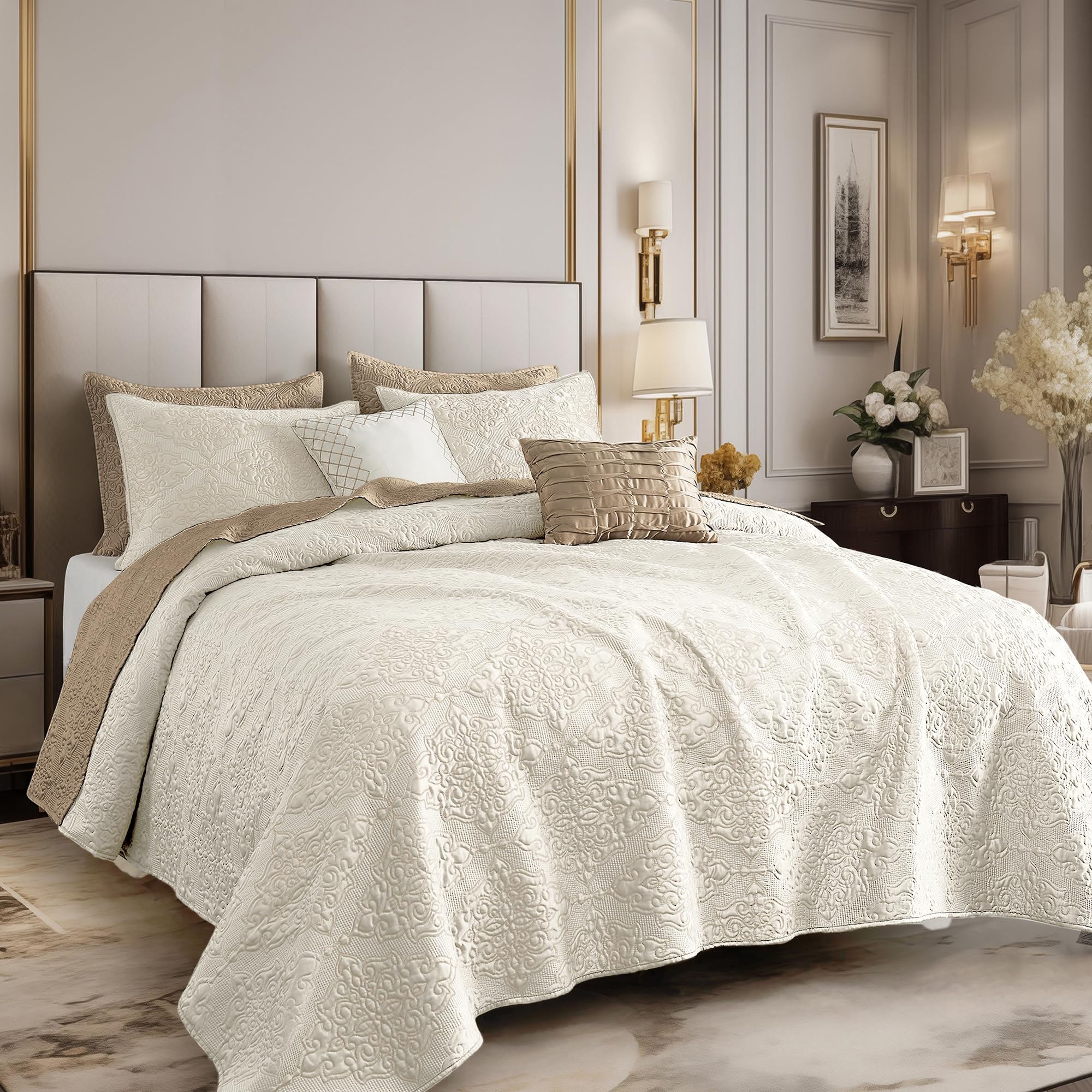 Photo 1 of Wonderful Silky Satin King Quilt Set 5 Pcs Cooling Luxury Bedspreads Summer Bedding Double Sided Embroidered Damask Paisley Floral Pattern Coverlet for All Season (Cream)