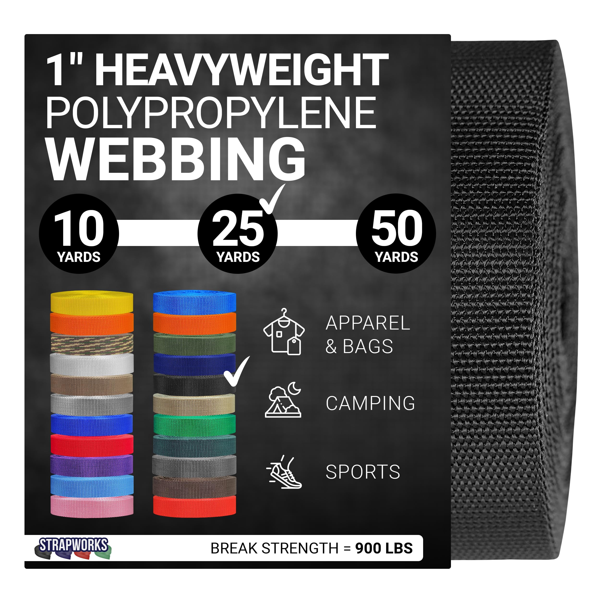 Strapworks Heavyweight Polypropylene Webbing - Heavy Duty Poly Strapping for Outdoor DIY Gear Repair, 1 Inch x 25 Yards - Black