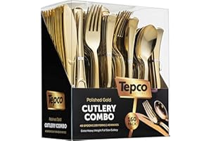 TEPCO SETTINGS 160 Silverware Set - Disposable Flatware - 80 Plastic Forks, 40 Plastic Spoons, 40 Cutlery Knives - Heavy Duty for Party Bulk Pack (Gold)