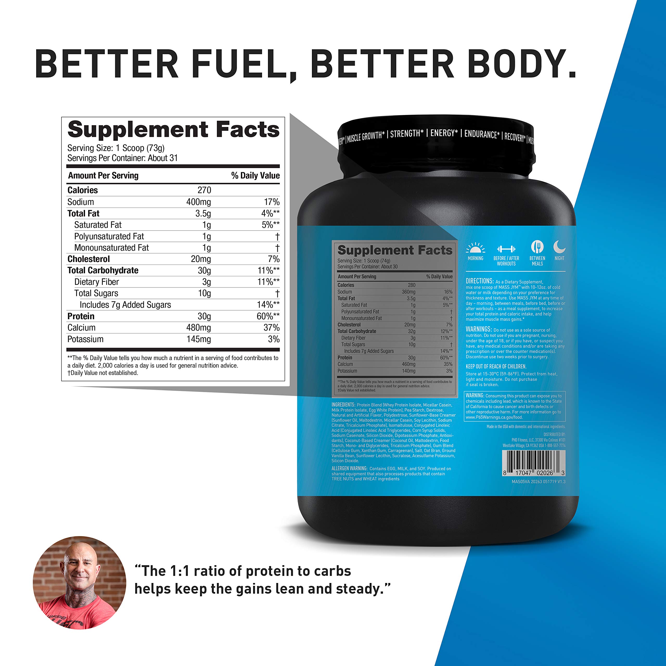 JYM Supplement Science Mass JYM Tahitian Vanilla Bean Weight Gainer Protein Powder - Egg White, Milk, Whey Protein Isolates & Micellar Casein, 5 lbs