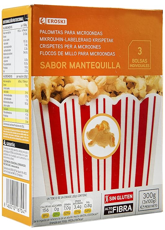 Eroski Palomitas sabor mantequilla para microondas - Paquete de 3 ...