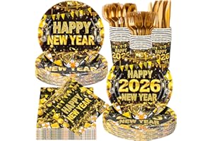 DOOGA 168 Pcs Happy New Year Party Supplies Tableware 2026 New Years Eve Dinnerware Set for 24 Guests Disposable Black Gold P