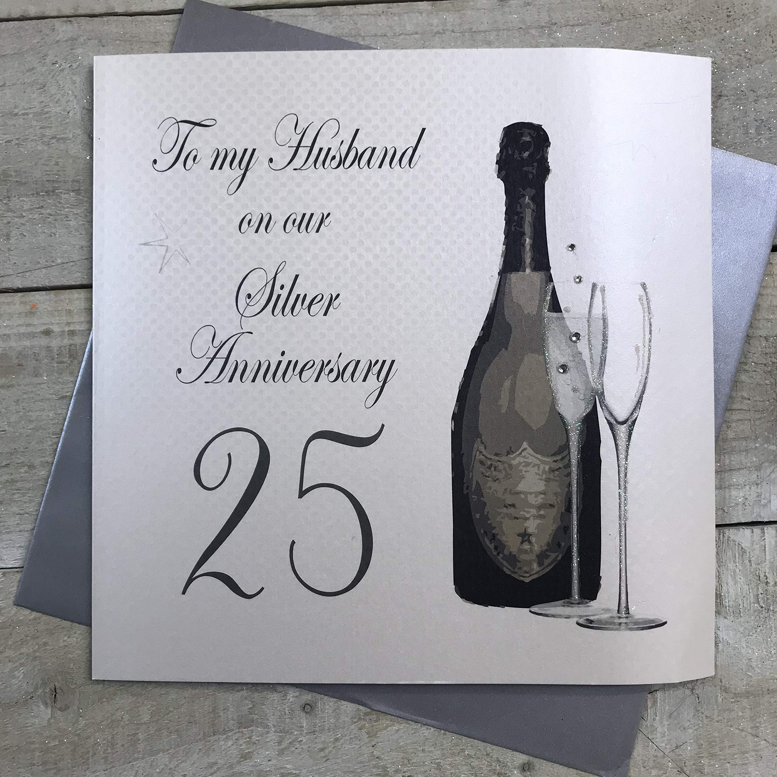 WHITE COTTON CARDS Large Champagne, Green Bottle, to My Husband On Our Silver 25" Handmade 25th Anniversary Card, XA25H