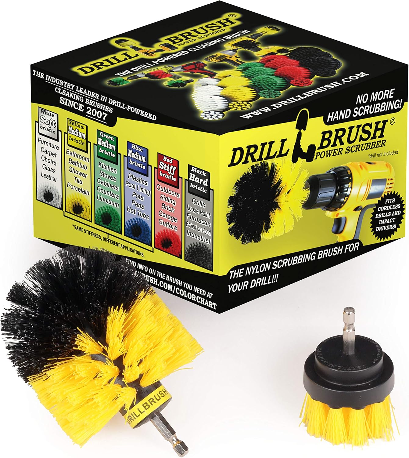 2 Piece Yellow Medium Stiffness Rotary Cleaning Drillbrushes for Cleaning Tile Grout, Shower, Bathtub