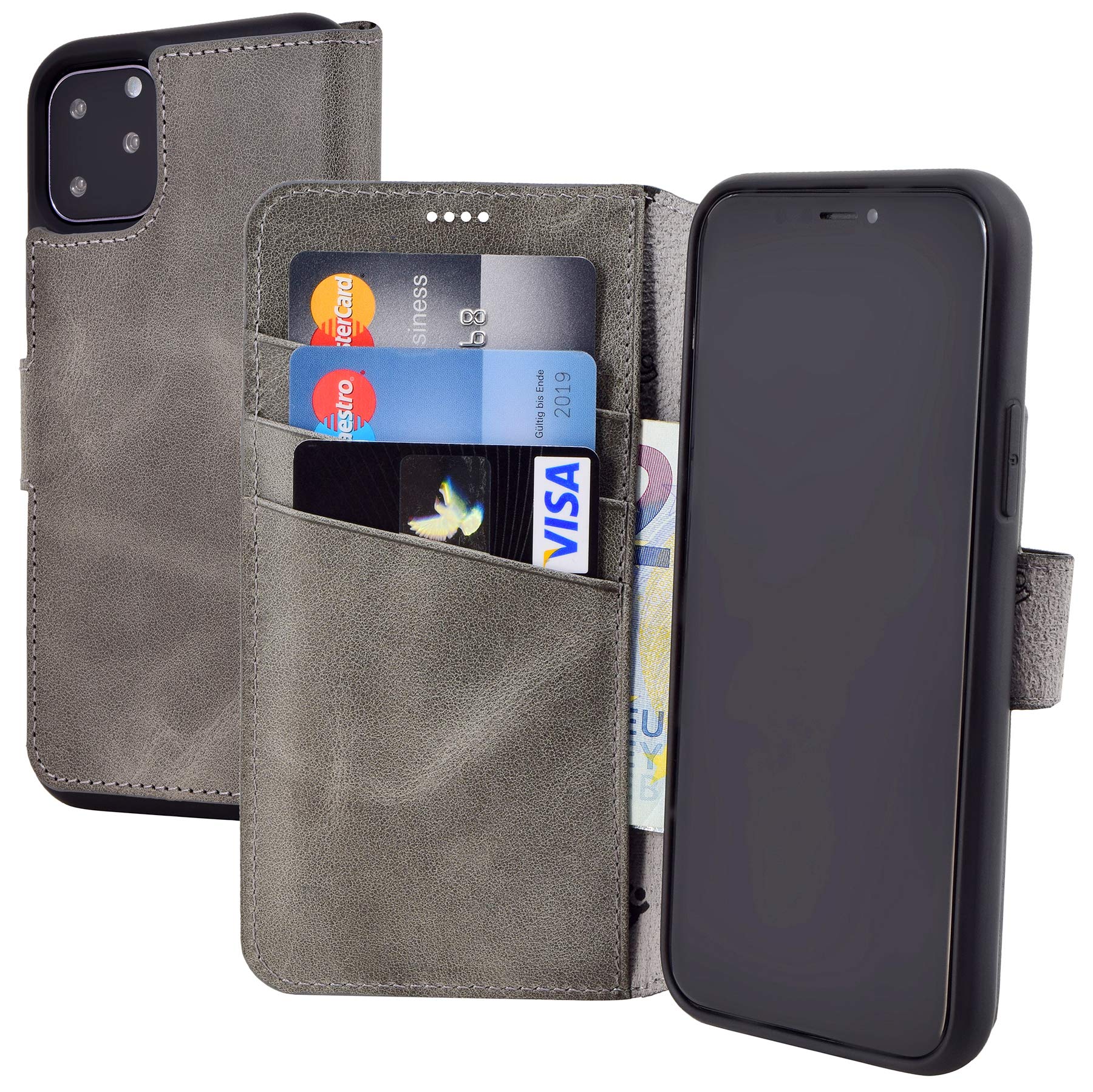 Suncase Book-Style Case Compatible with iPhone 11 Pro Max (6.5 Inch) Leather Case (Slim Fit) Leather Mobile Phone Case Protective Case with 3 Card Slots in Antique Grey