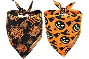 Realeaf Halloween Dog Bandanas 2 Pack, Pumpkin and Spider Web Bibs, Triangle Reversible Fall Pet Scarf, Premium Durable Fabric, Adjustable Fit (Large)