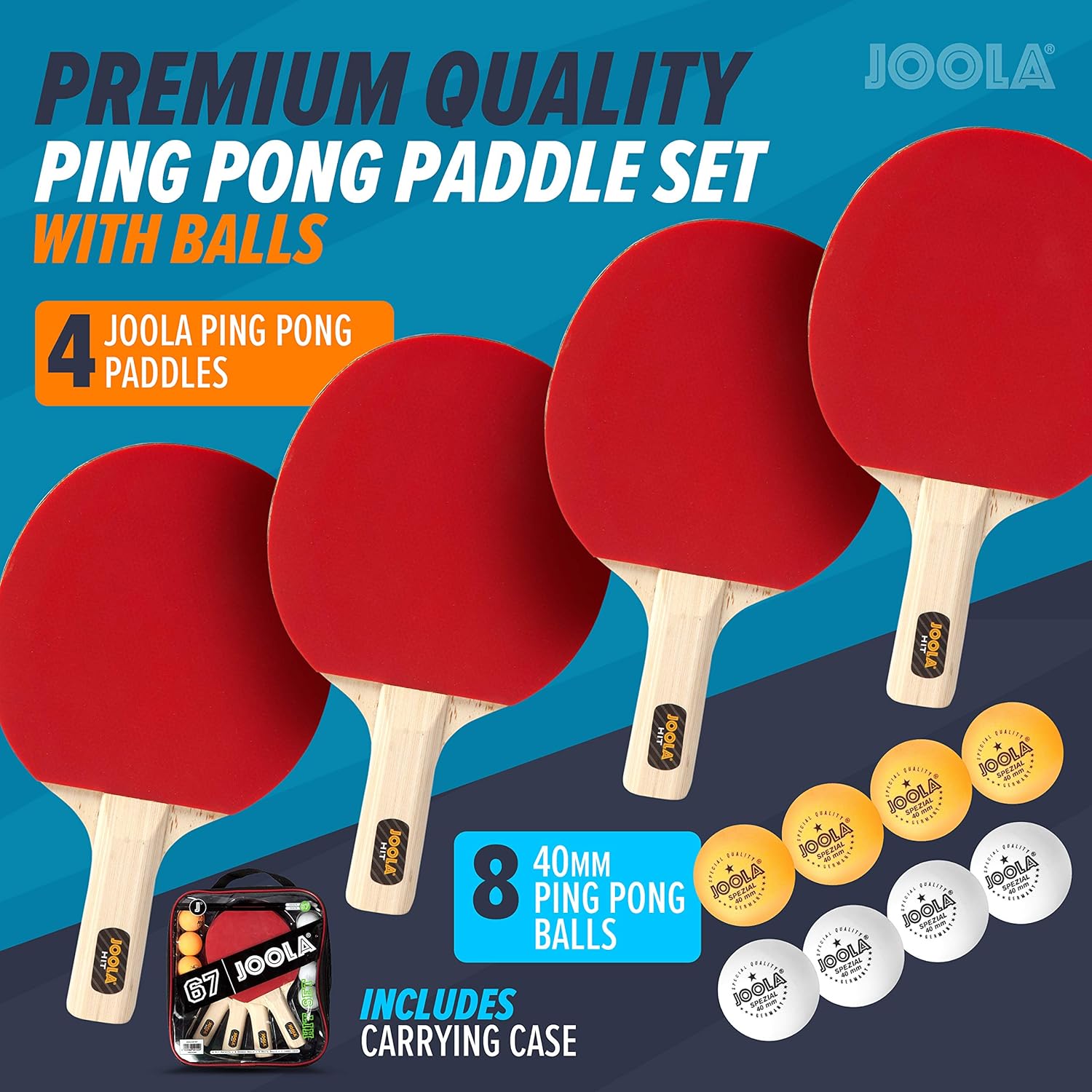 JOOLA All-in-One Indoor Table Tennis Hit Set (Bundle Includes 4 Rackets/Paddles, 8 Balls, Carrying Case), Multi, One Size (59152) : Beginner Table Tennis Rackets : Sports & Outdoors