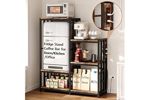 MAJALIS Mini Fridge Stand Coffee Bar Cabinet Station With Small Refrigerator Insert Storage Space, Shelf Organizer For Dorm Microwave To Sit On, Baker Rack With Power Outlet, Big Table To Go Over Hide Fridge