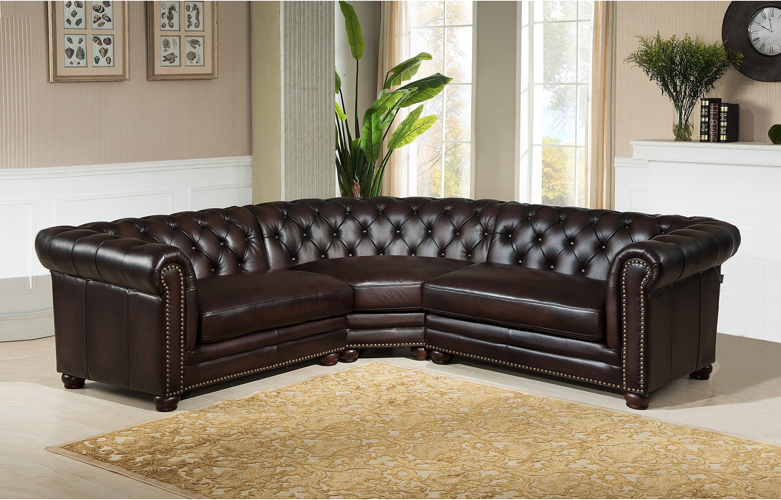 Hydeline 100% Leather 3 Piece Sectional Sofa Set, Dark Brown