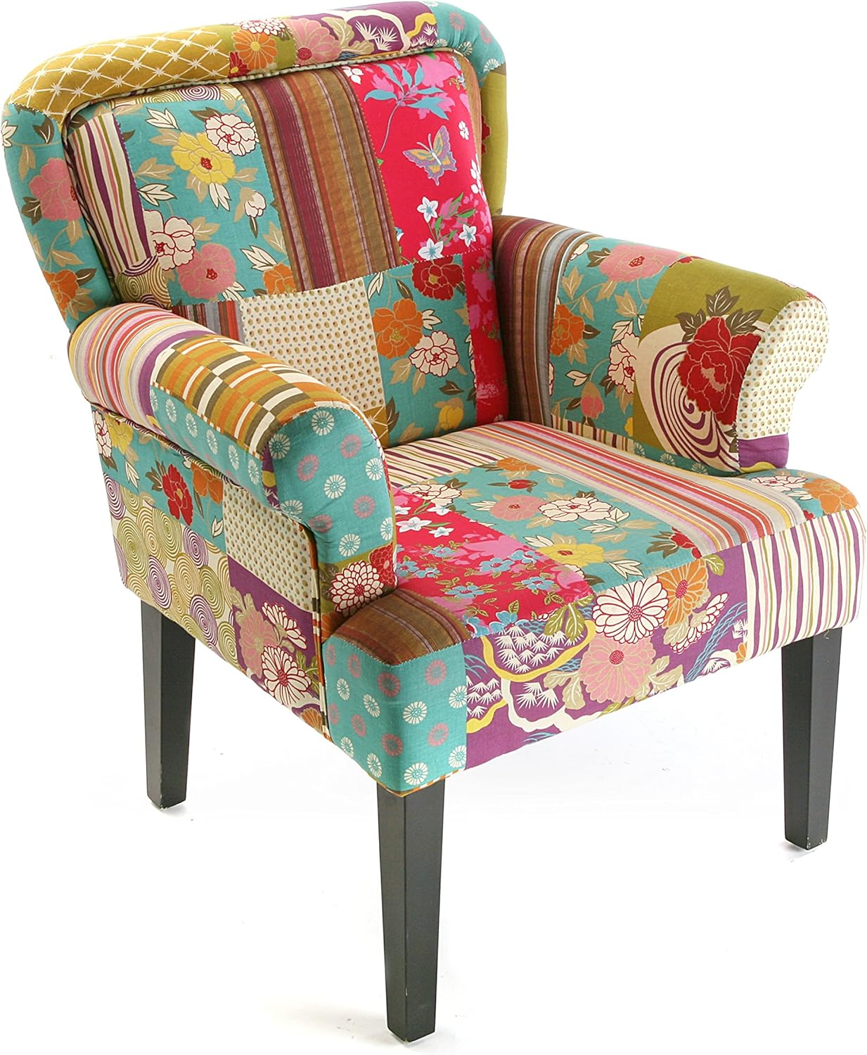 Versa Pink patchwork Sillón orejero tapizado con reposabrazos Butaca con Botones, Madera/algodón, Rosa, verde, azul, beige y morado, 89 x 71 x 72 cm