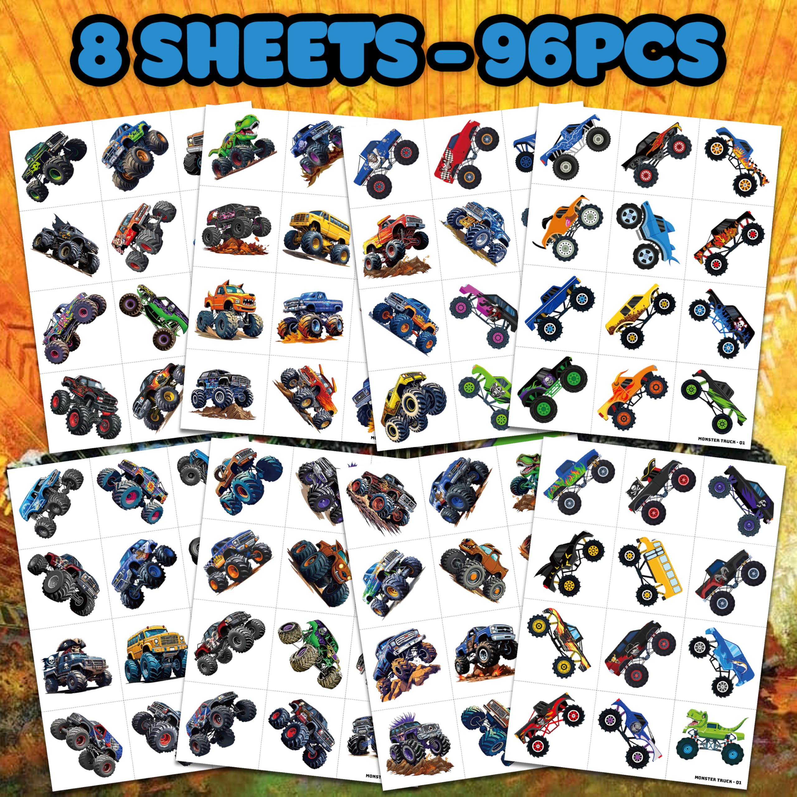 96 PCS Monster Truck Race Car Pre-Cut Temporary Tattoos for Kids | Super Cute Themed Birthday Party Favors, Supplies, Decorations, Fake Tattoo Stickers (Multiple)