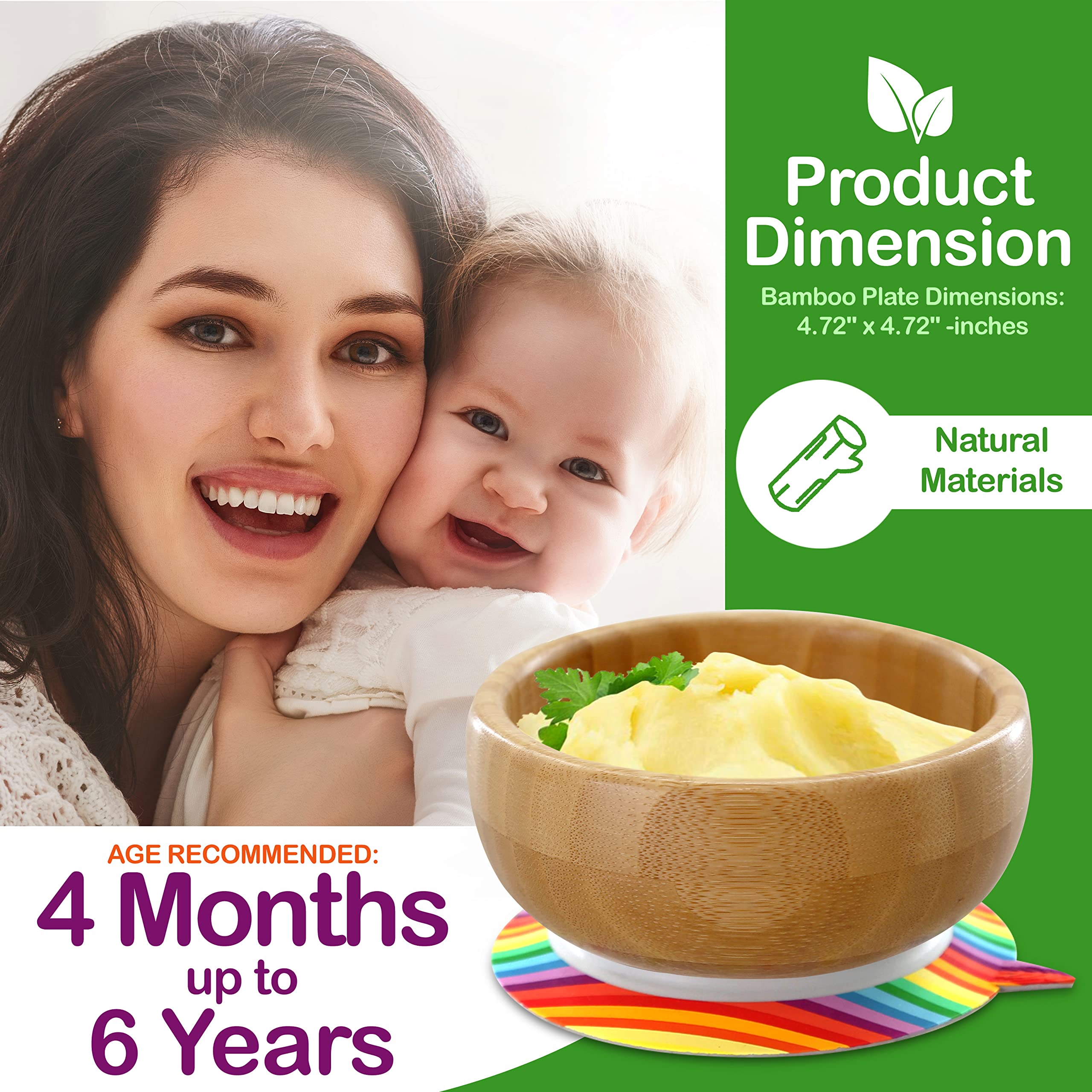 NutriChef Bamboo Baby Feeding Bowl - Wooden Infant Toddler Dish and Spoon Set w/Silicone Suction Base for Stay Put Eating, For Children Aged 4-72 Months (Stripe Bowl)