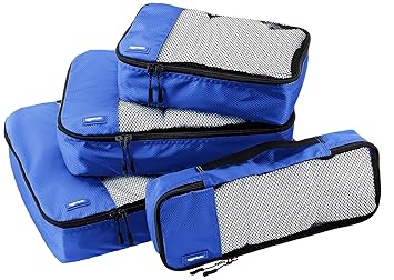 AmazonBasics Kleidertaschen-Set, 4-teilig, je 1 kleine, mittelgroße, große und schmale Packtasche, Blau