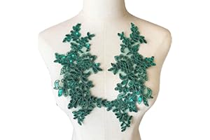 Heyiwell Emerald Sequin Embroidered Applique Flower Patches for Sew on Bridal Wedding Ballet Dress Lace Decor 1 Pair, 11"x3.93" Inch