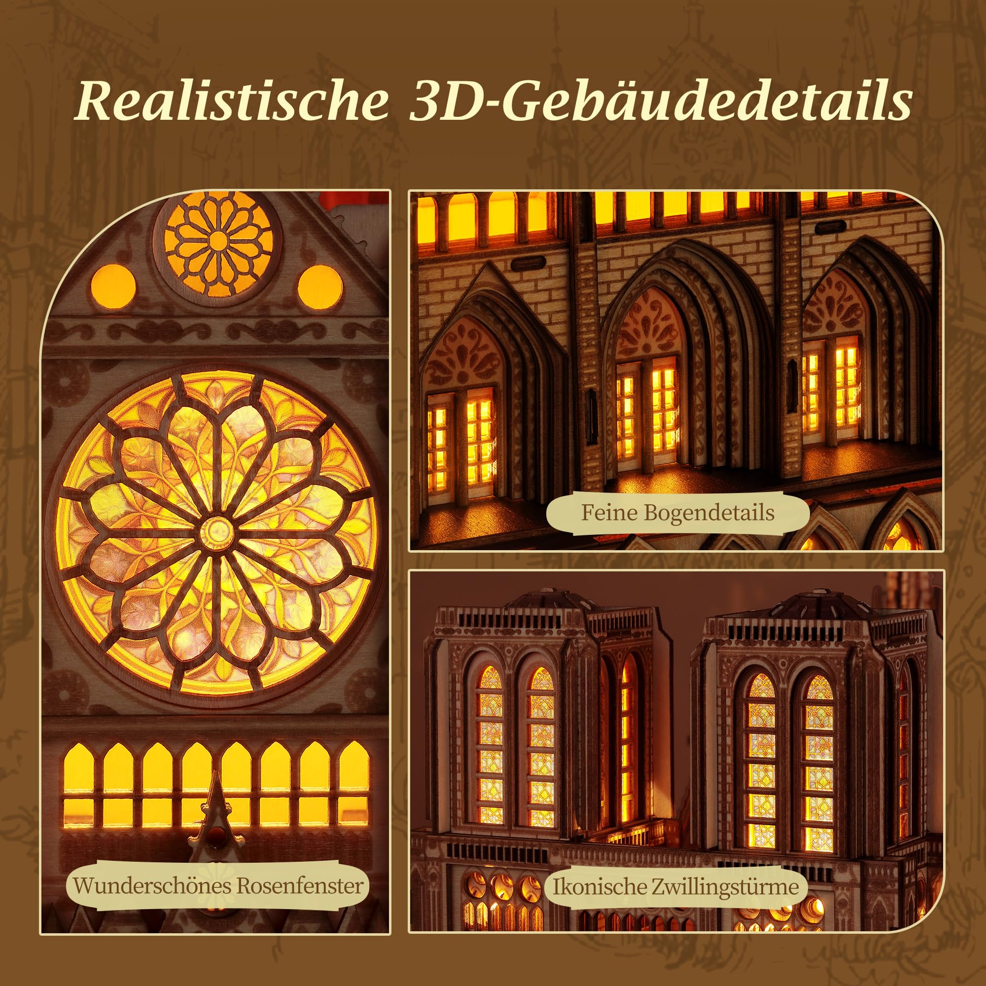 FUNPOLA LED 3D Holzpuzzle - Notre Dame de Paris Architekturmodell - Nachtedition mit LED-Beleuchtung - DIY Baumodell Bastelset Architektur-Bausatz 4