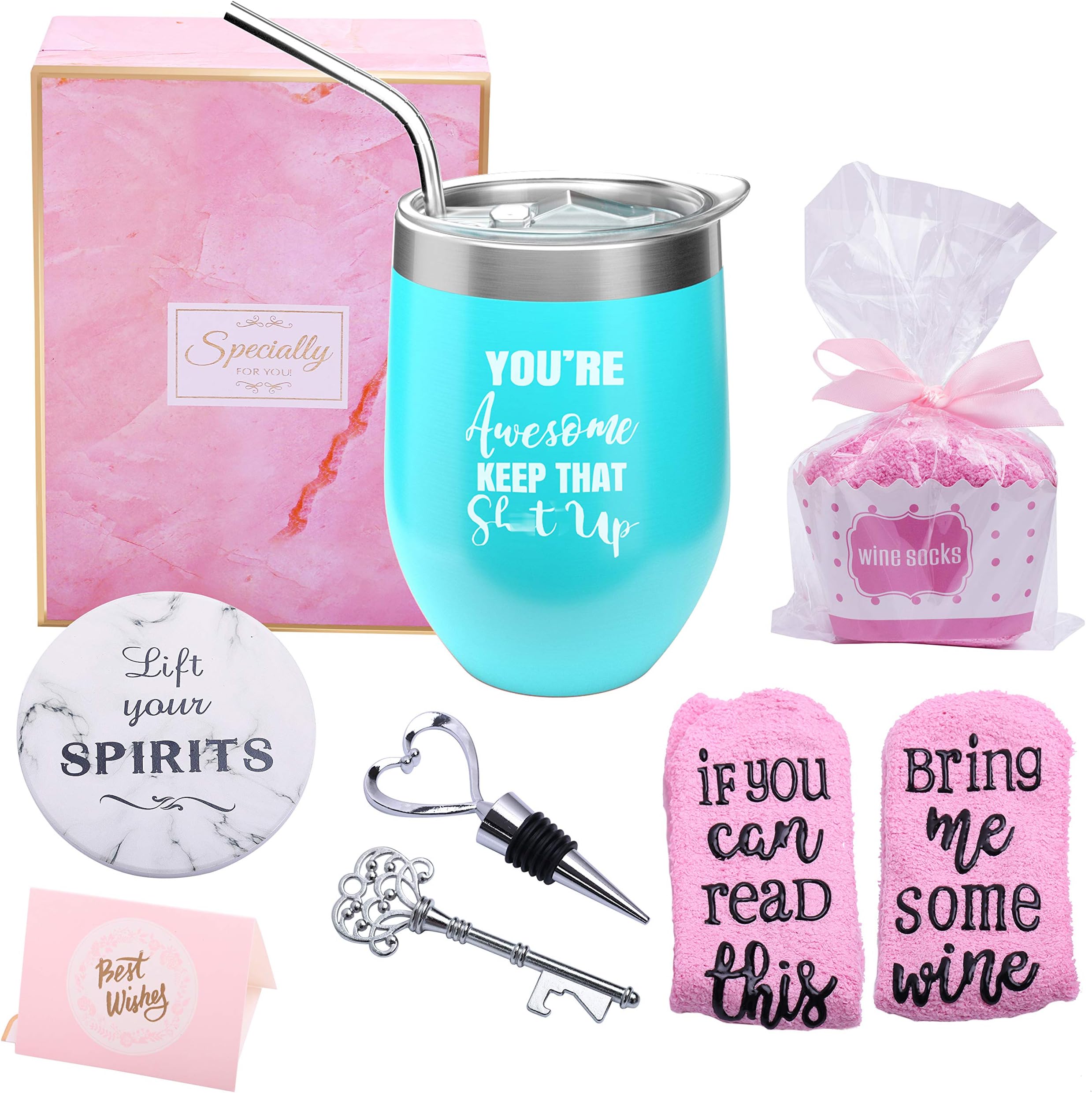 Yorktend You're Awesome Keep That Up - Thank You Gifts New Job,Congratulation,Graduation,Promotion,Inspirational,Birthday Gifts for Women Friends, Coworkers - 12oz Wine Tumbler with Lid,Straw,Coaster