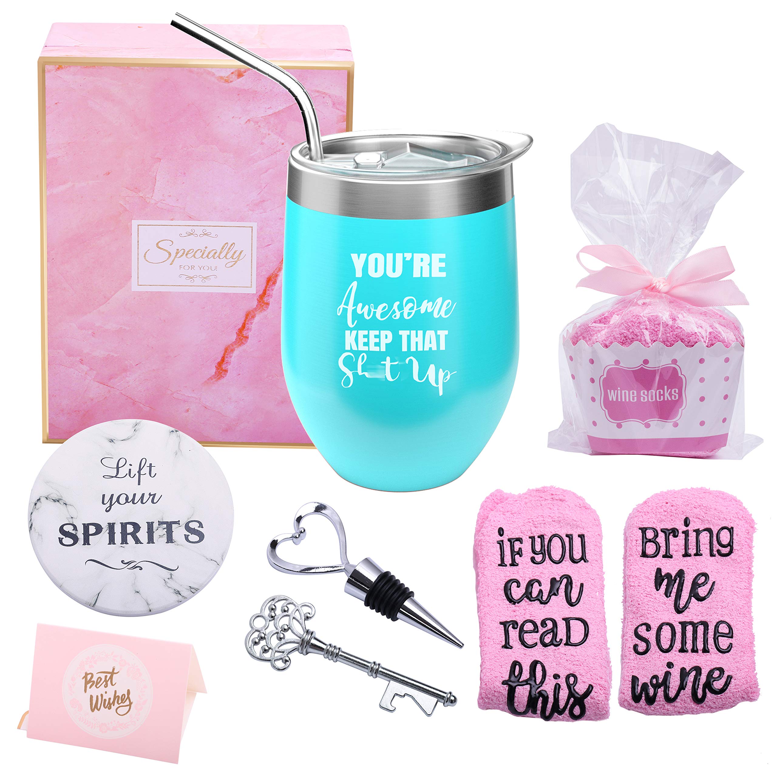 Yorktend You're Awesome Keep That Up - Thank You Gifts New Job,Congratulation,Graduation,Promotion,Inspirational,Birthday Gifts for Women Friends, Coworkers - 12oz Wine Tumbler with Lid,Straw,Coaster